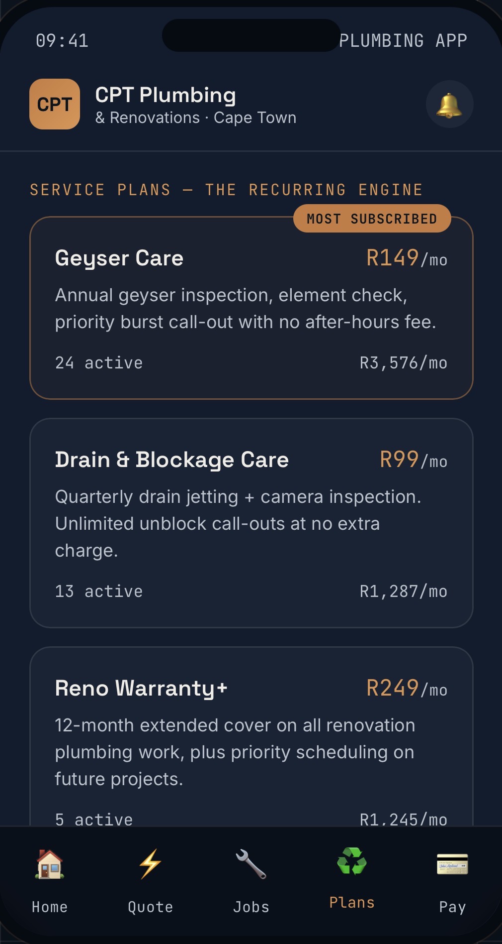 CPT Plumbing App — Recurring service-plan revenue engine — subscriptions, not just call-outs.