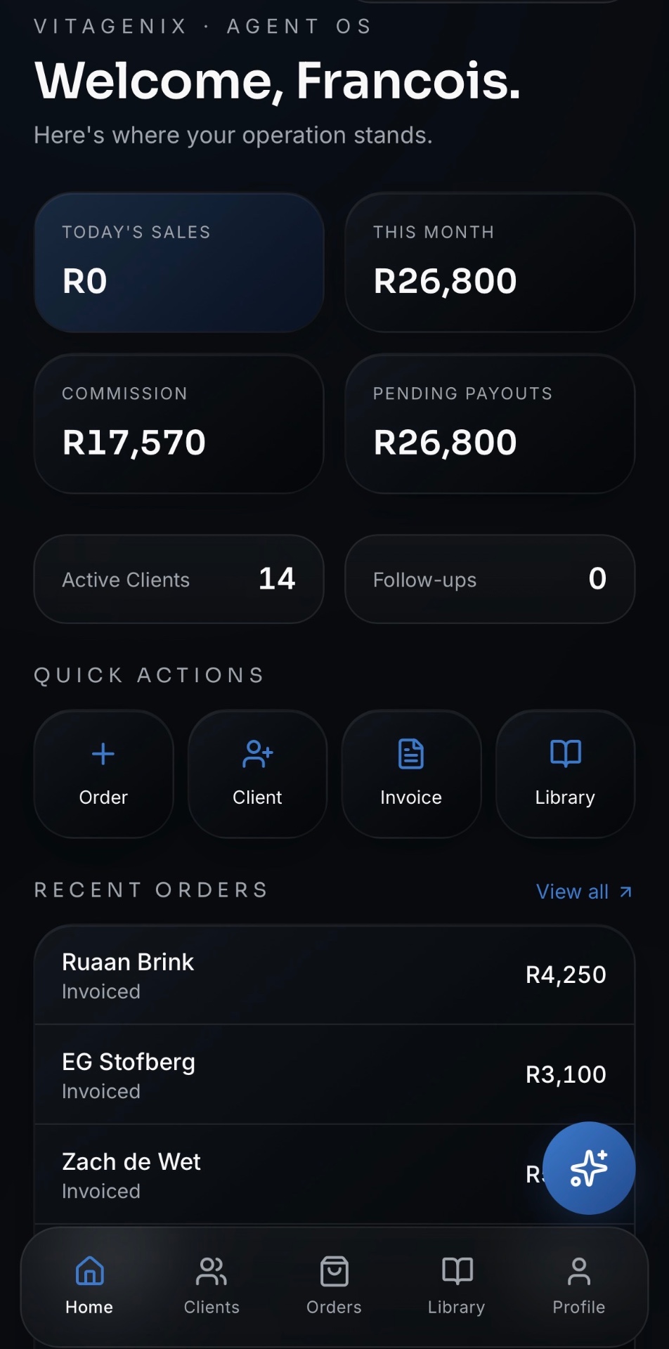 Vitagenix Agent OS — Reseller sales & commission dashboard.