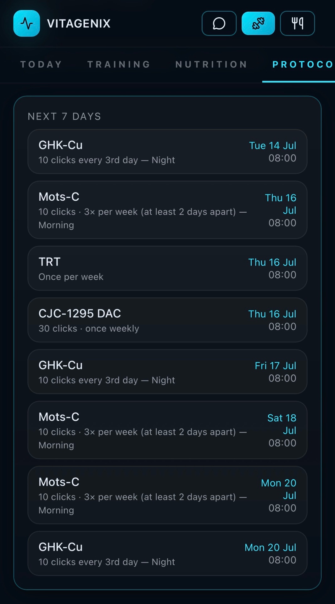 Vitagenix App — Automated peptide protocol scheduling.